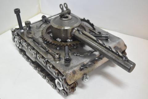 Unique Recycled Scrap Metal Art Tank Military Man Cave Sculpture Engine Parts