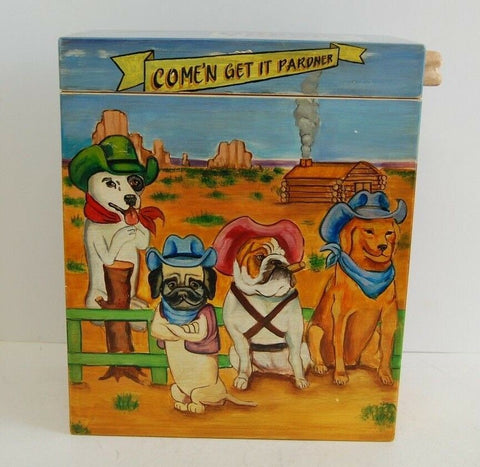 Vintage Wooden Hand Crafted Painted Dog Treat Box Dog Bone Handle Pet Decor