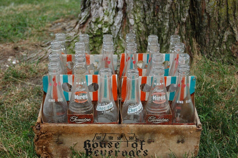 Vintage Antique 24 Glass Bottles Hires Root Beer, Choc Cola, Heart Club Bottles