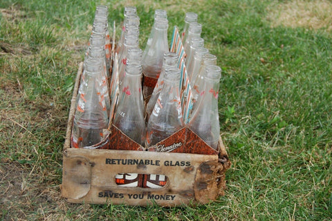 Vintage Antique 24 Glass Bottles Hires Root Beer, Choc Cola, Heart Club Bottles