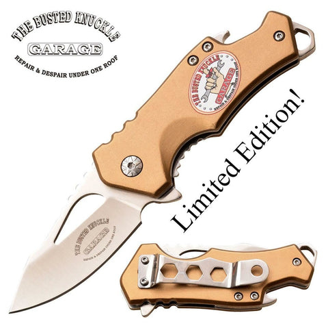 Busted Knuckle Garage Folding Knife Car Guy Bottle Opener Gold