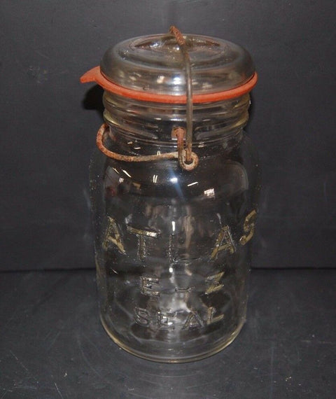 Hazel Atlas E-Z Seal Canning Jar w Lid Wire Bail Closure Clear Glass Embossed