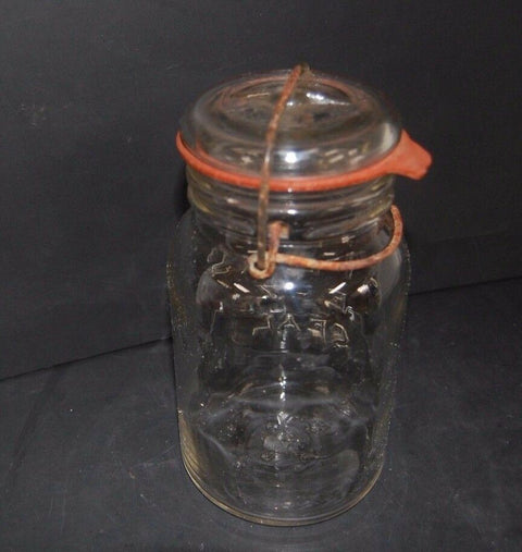 Hazel Atlas E-Z Seal Canning Jar w Lid Wire Bail Closure Clear Glass Embossed