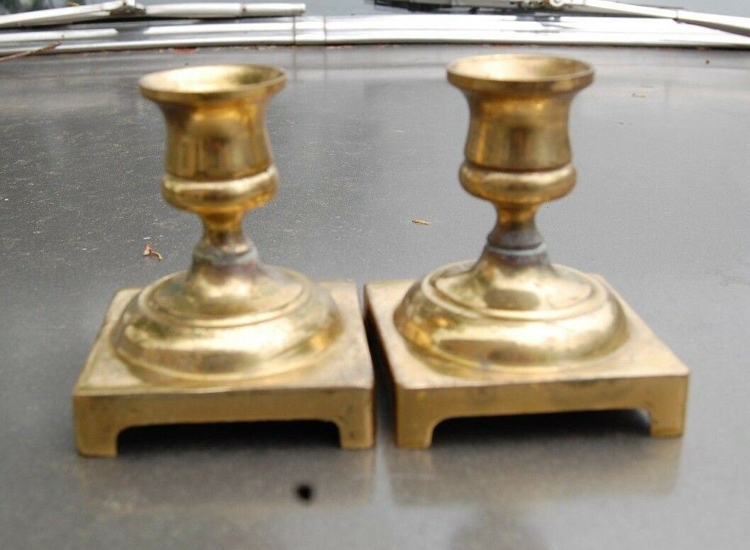 Vintage Brass 3" Pair Set Of Candlestick Holders Made In England Antiq