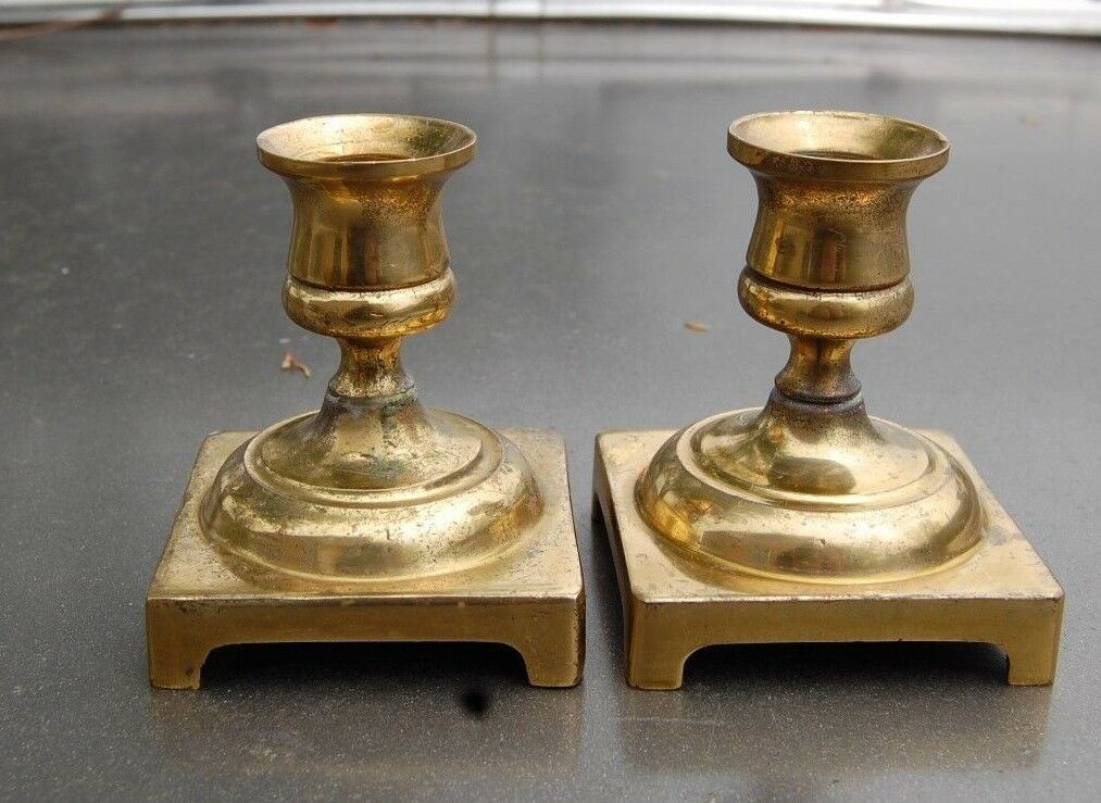 Vintage Brass 3" Pair Set Of Candlestick Holders Made In England Antiq
