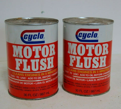 2 VINTAGE CYCLO MOTOR FLUSH 30 Oz Full Unopened Original Metal Cans