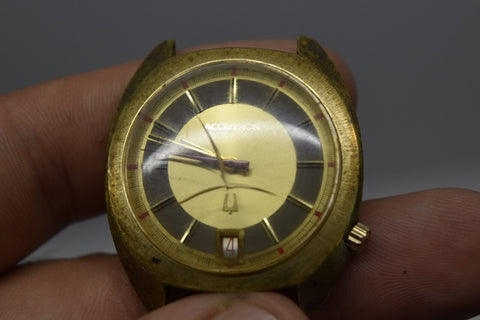 18k gold plated accutron Bulova Broken Glass Not Working For Repair e94959 11276