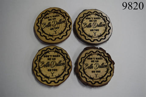 4 Wood Burned Rustic Yellowstone Beth Dutton Coasters Live Edge Wooden Natural
