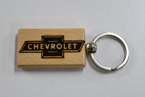 Laser Engraved Wood Keychain Chevrolet Bowtie Fatman's Garage 2 sided