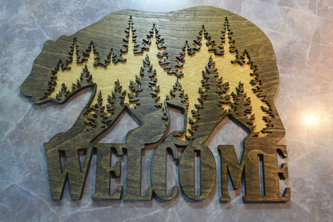 Rustic Bear with Wilderness Welcome Sign Laser Cut Dark Walnut and Golden Oak