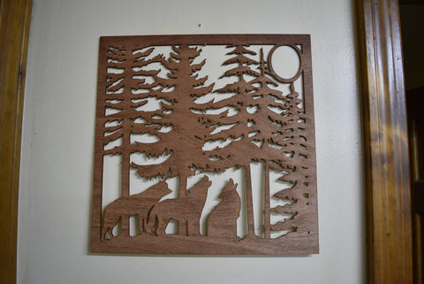 Wood Laser Cut 3 Wolves Howling Nature Decor Sign - Rustic Wall Art Wolf