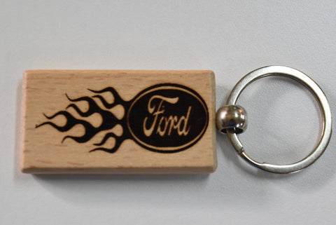 Laser Engraved Wood Keychain Ford w/Flames Fatman's Garage 2 sided
