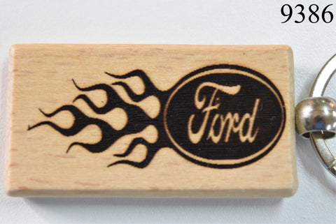 Laser Engraved Wood Keychain Ford w/Flames Fatman's Garage 2 sided