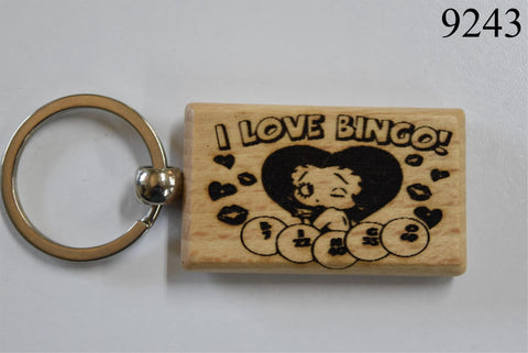 Laser Engraved Wood Keychain Betty Boop I Love Bingo Fatman's Garage 2 sided