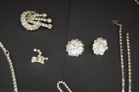 Vintage Costume Jewelry Cubic Zirconia Brooch Necklace Bracelet Earrings Decor