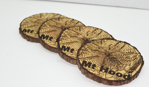 4 Wood Burned Elevation Map Coasters Mt Hood Raw Live Edge Wooden Man Cave PNW