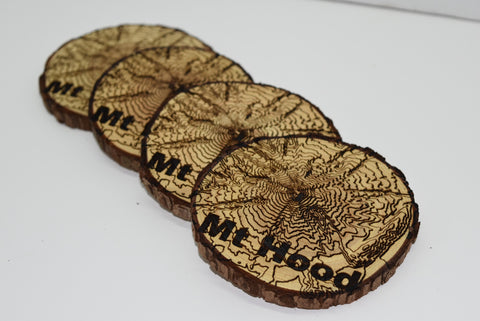 4 Wood Burned Elevation Map Coasters Mt Hood Raw Live Edge Wooden Man Cave PNW
