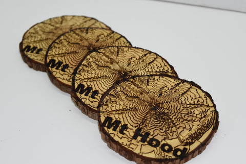 4 Wood Burned Elevation Map Coasters Mt Hood Raw Live Edge Wooden Man Cave PNW
