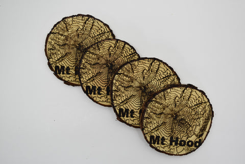 4 Wood Burned Elevation Map Coasters Mt Hood Raw Live Edge Wooden Man Cave PNW
