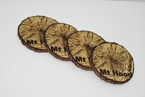 4 Wood Burned Elevation Map Coasters Mt Hood Raw Live Edge Wooden Man Cave PNW
