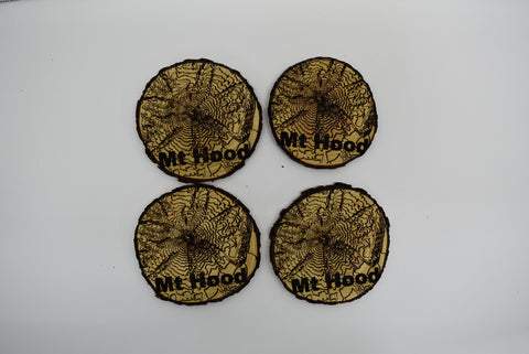4 Wood Burned Elevation Map Coasters Mt Hood Raw Live Edge Wooden Man Cave PNW