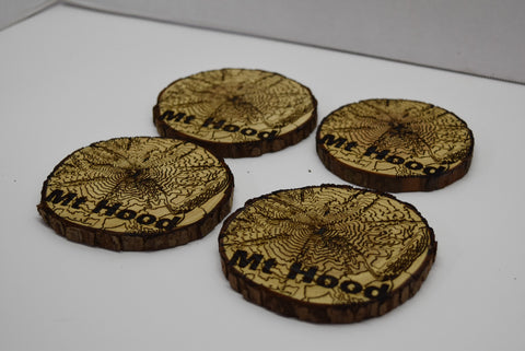 4 Wood Burned Elevation Map Coasters Mt Hood Raw Live Edge Wooden Man Cave PNW