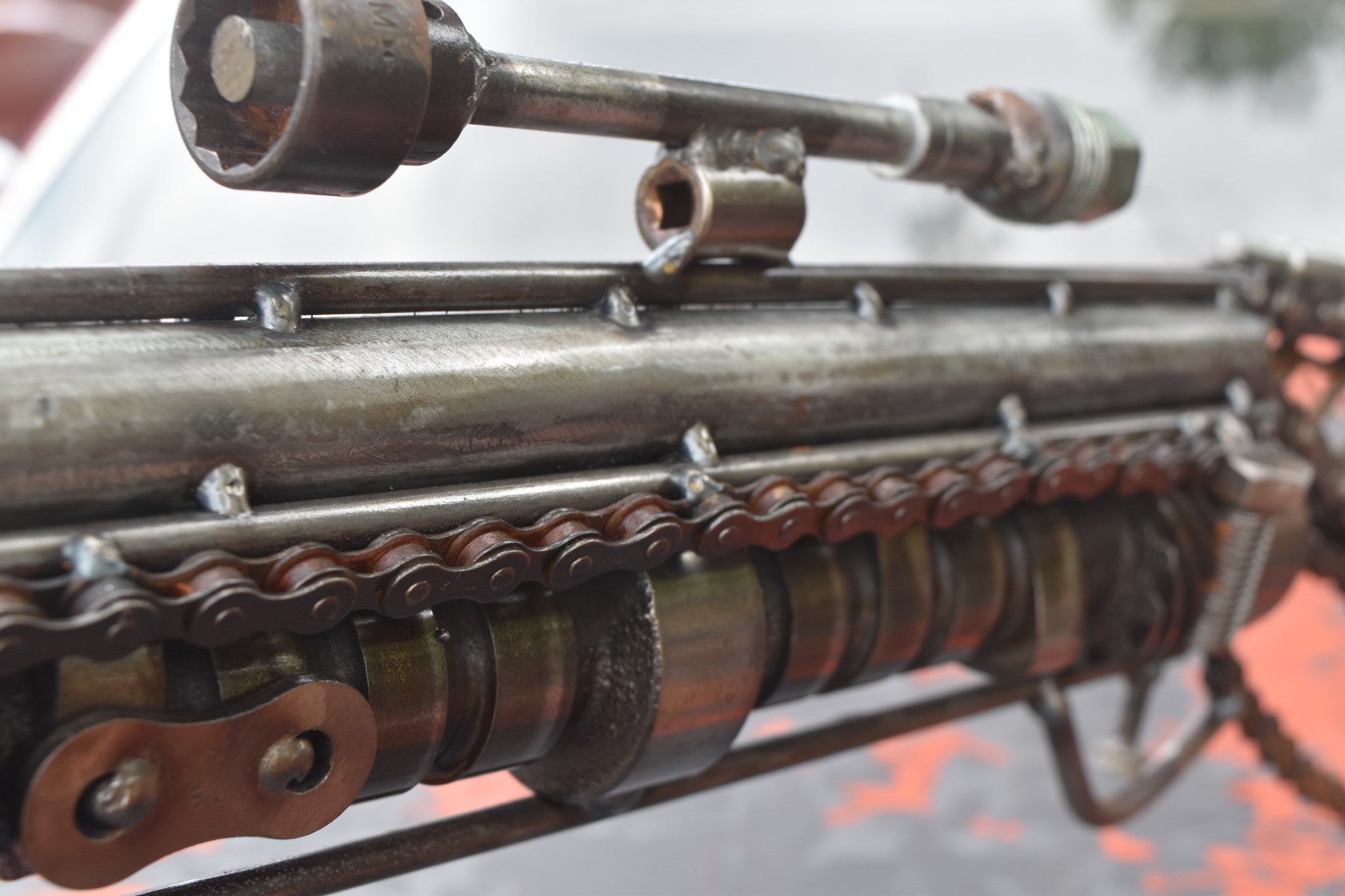Scrap Metal Sculpture Welded Industrial Art Gun Rifle Chains Garage Ha ...