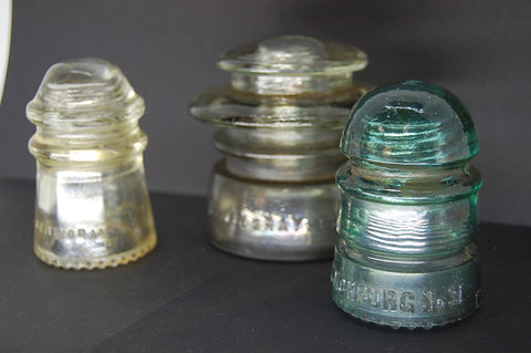 Lot Of 3 Insulators Hemingray Lynchburg Aqua Blue Clear Gray Collectible Decor