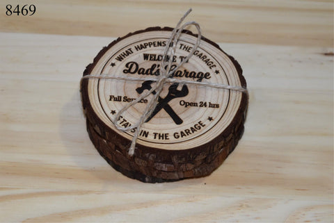 Set of 4 Wood Coasters Dad's Garage Laser Man Cave Rustic Raw Live Edge