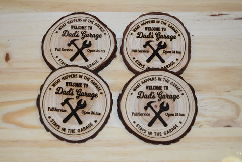 Set of 4 Wood Coasters Dad's Garage Laser Man Cave Rustic Raw Live Edge