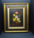 R Rosini Dark Academia Floral Oil Painting Mid Century Mantle Framed Fine Art