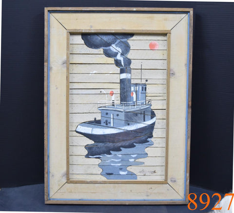 Theodore Degroot Steamboat Lath Art Picture Wall Decor Tugboat Boat SIGNED Wood