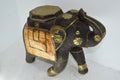 India Solid Wood Carved Elephant Bone Inlay Hammered Brass Statue Boho Decor