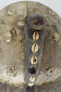 Large Decorative Ghanaian Mask Solid Carved Wood Hammered Tin Seashell Inlay Art