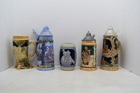 Lot of 5 Vintage Antique Steins Made In Germany Horn Collectible Man Cave
