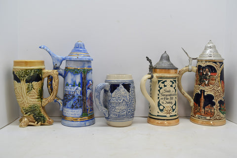 Lot of 5 Vintage Antique Steins Made In Germany Horn Collectible Man Cave