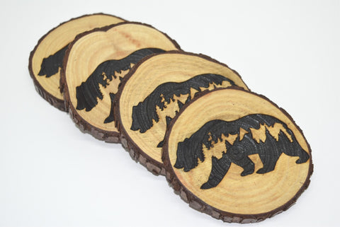 4 Wood Burned Rustic Cabin Bear Coasters Raw Live Edge Wooden Natural Man Cave