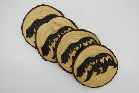 4 Wood Burned Rustic Cabin Bear Coasters Raw Live Edge Wooden Natural Man Cave