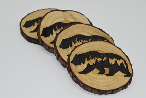 4 Wood Burned Rustic Cabin Bear Coasters Raw Live Edge Wooden Natural Man Cave