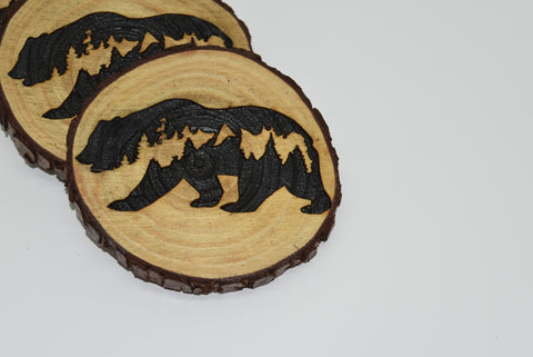 4 Wood Burned Rustic Cabin Bear Coasters Raw Live Edge Wooden Natural Man Cave