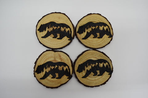 4 Wood Burned Rustic Cabin Bear Coasters Raw Live Edge Wooden Natural Man Cave