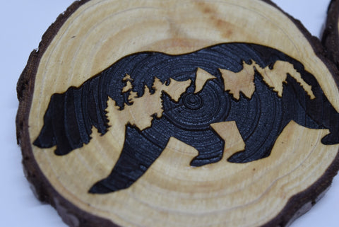 4 Wood Burned Rustic Cabin Bear Coasters Raw Live Edge Wooden Natural Man Cave