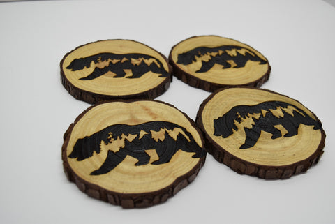 4 Wood Burned Rustic Cabin Bear Coasters Raw Live Edge Wooden Natural Man Cave