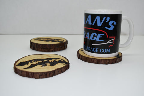 4 Wood Burned Rustic Cabin Bear Coasters Raw Live Edge Wooden Natural Man Cave