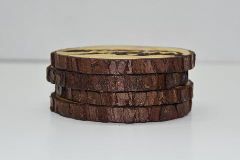 4 Wood Burned Rustic Cabin Bear Coasters Raw Live Edge Wooden Natural Man Cave