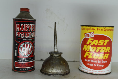Lot of 2 Vintage Oil Cans and Antique Eagle Thumb Oiler Can Marvel Mystery Oil