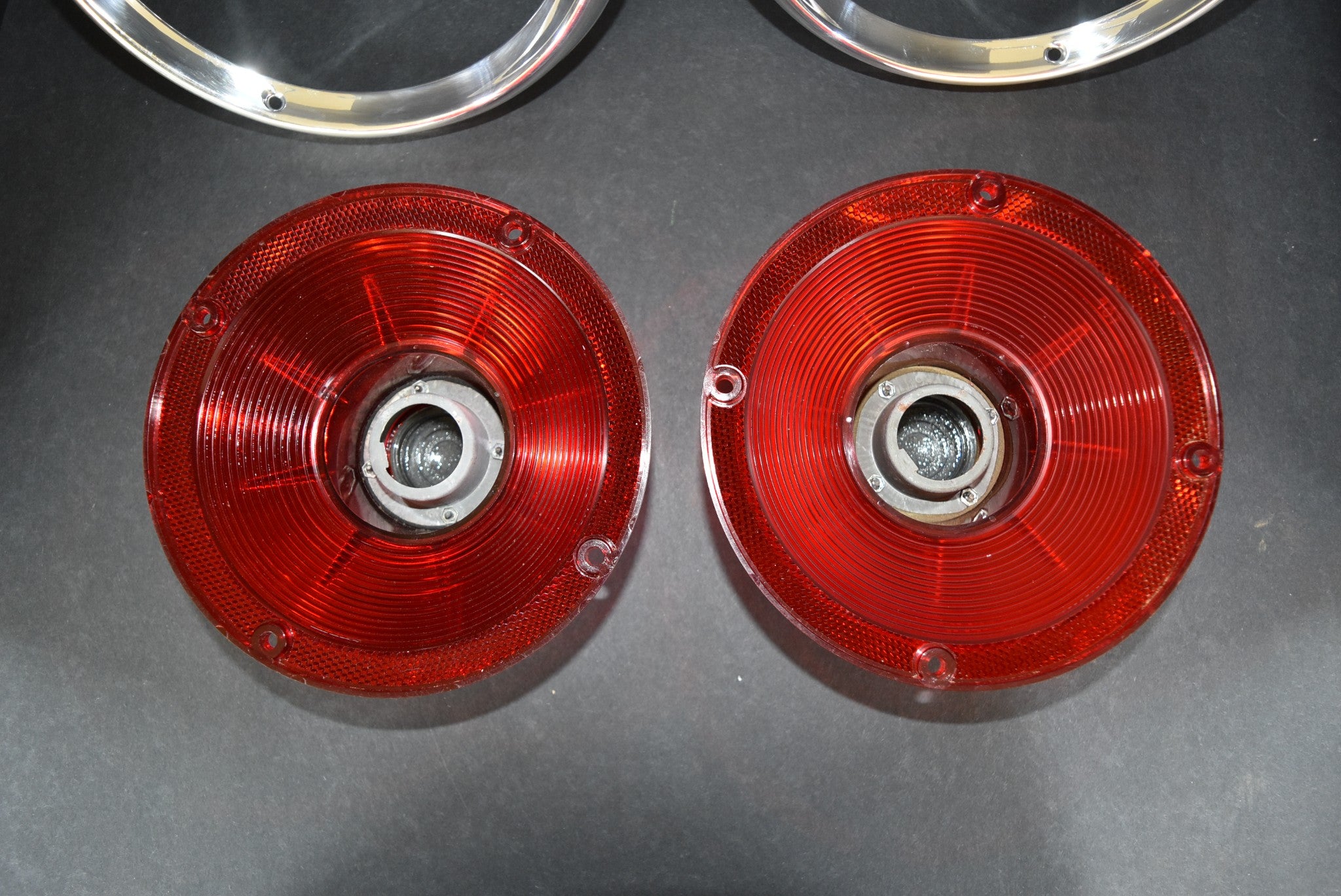 1964 Ford Galaxie 500 Tail Lights Pair Lenses & Trim Rings Restored 64
