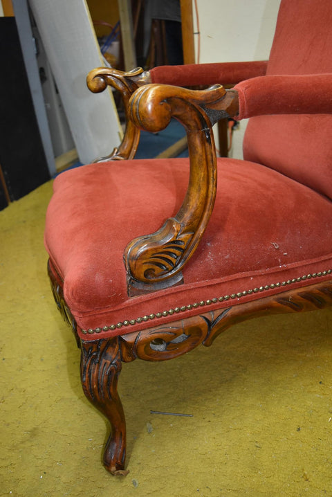 Vintage Antique Solid Carved Wood Accent Chair Red Upholstery Decor Furniture
