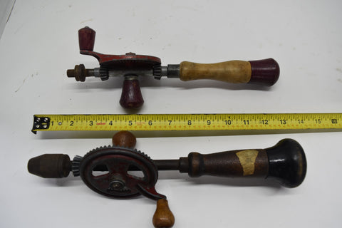 TWO VINTAGE EGG BEATER STYLE MANUAL HAND DRILLS DRILL BITS