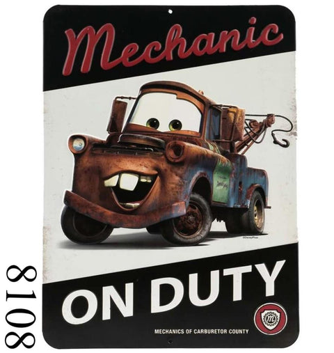 Disney Cars Tow Mater Mechanic On Duty Embossed Metal Sign Garage Man Cave Sign